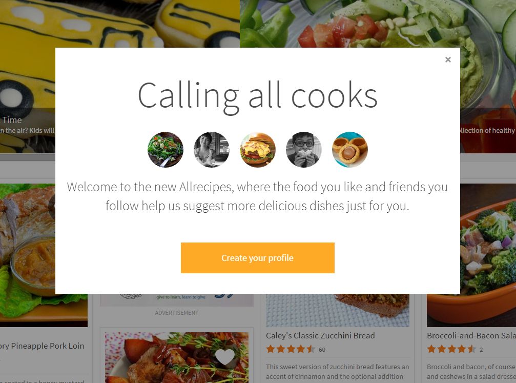 Allrecipes Calling All Cooks Onboarding Overlay and Registration Redesign