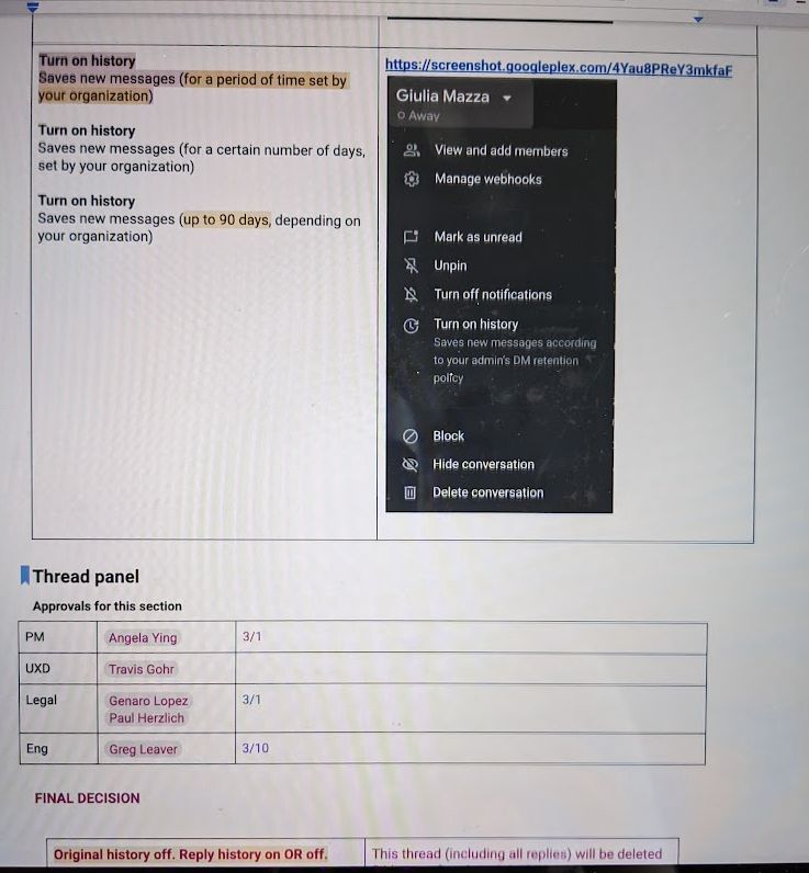 Thread panel Approvals table with PM, UXD, Legal, and Eng sign-off