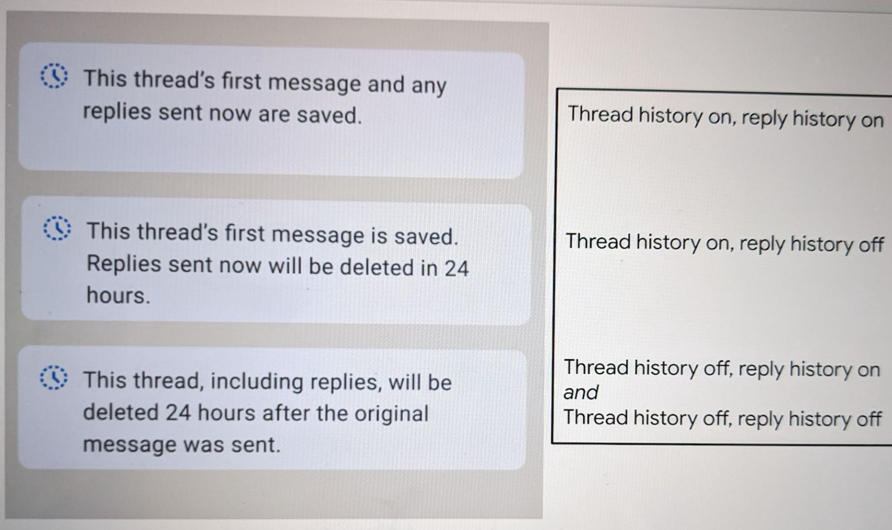 All 4 states of Thread history and Reply history