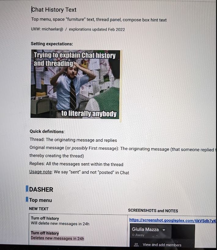 Chat History Text spec document with Charlie Day meme