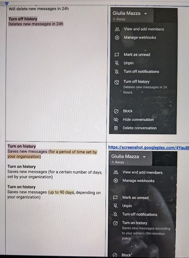 Top menu Turn off history and Turn on history dropdown mocks