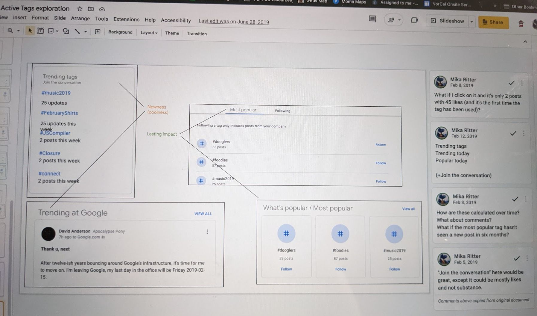 Active Tags exploration wireframe and Mika Ritter comment thread