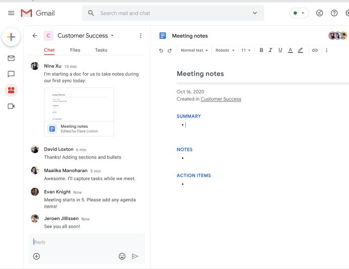 Redesigned Gmail workspace UI showing Mail, Chat, Rooms, and Meet