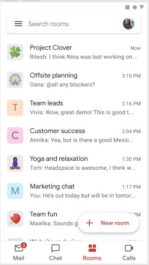 Gmail mobile Rooms tab showing Mail, Chat, Rooms, Calls navigation
