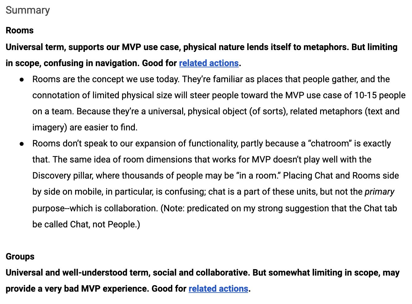Navigation and naming analysis document comparing Rooms and Groups