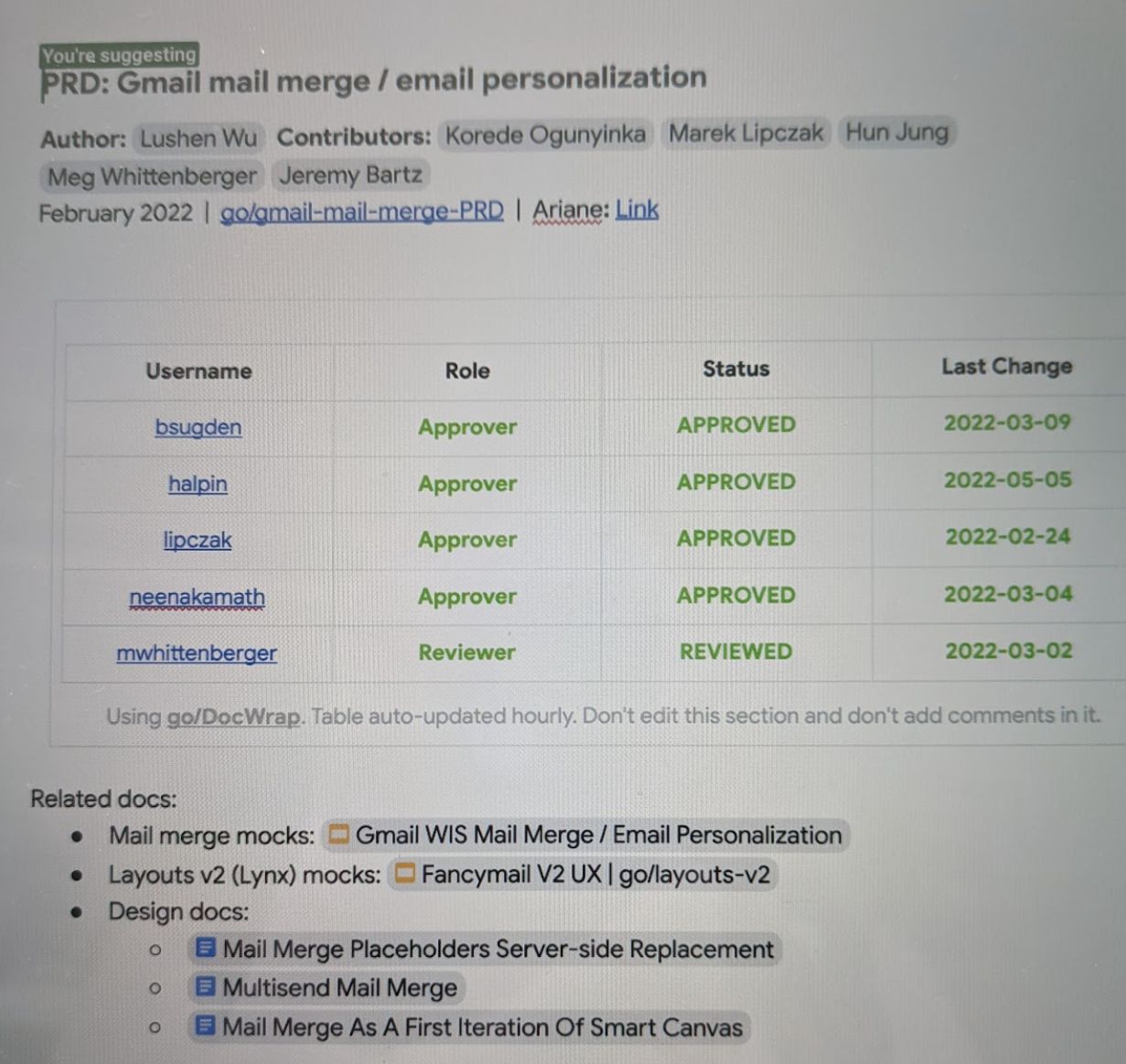 PRD: Gmail mail merge / email personalization (Feb 2022)